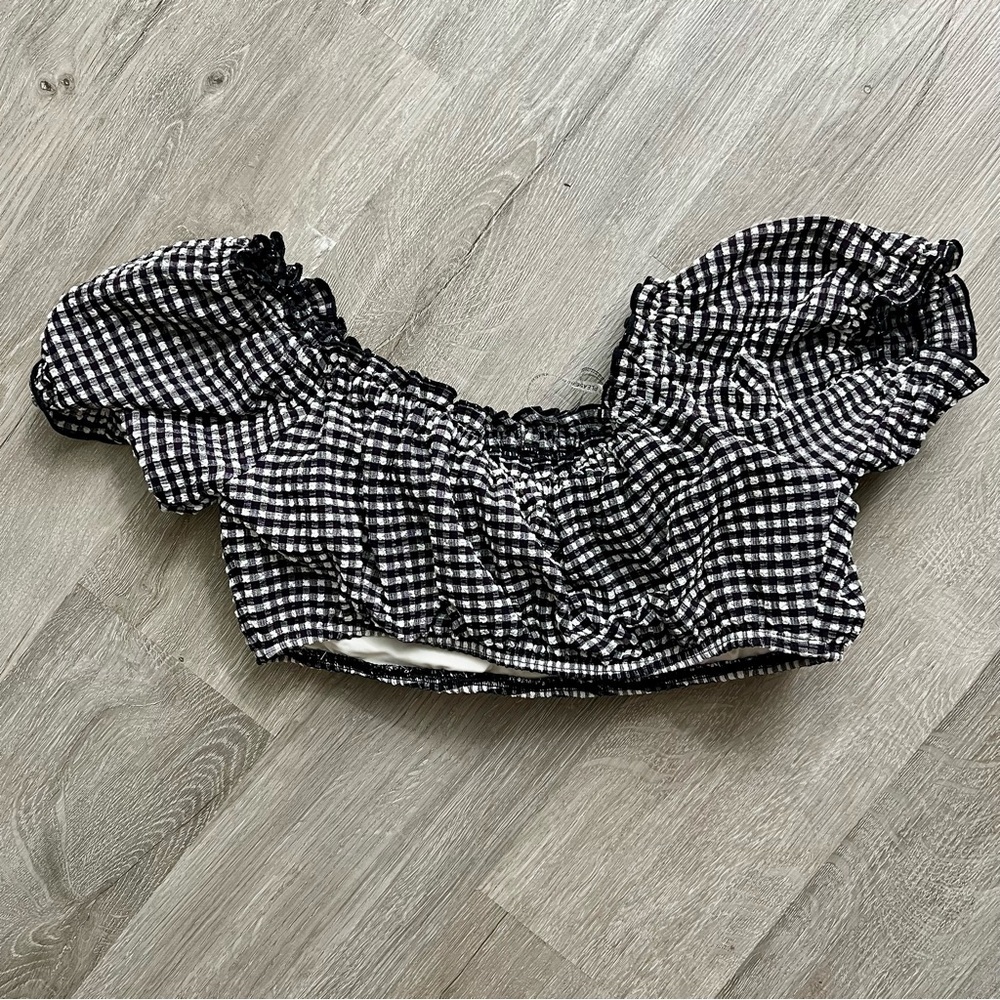 NWT Kate Spade Off The Shoulder Bikini Top Gingham Black White Padded Bandeau M - Picture 4 of 10